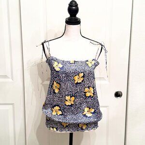 Frenz Blue Yellow 100% Silk Floral Tie Strap-Tank Top Blouse, Size S